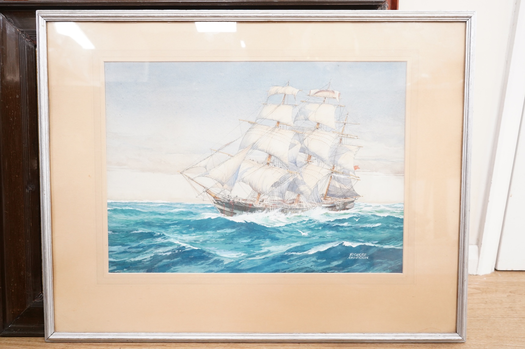 Richard Anderson (20th. C), Ship in full sail, signed, maritime interest watercolour, heightened with white, 37 x 52cm